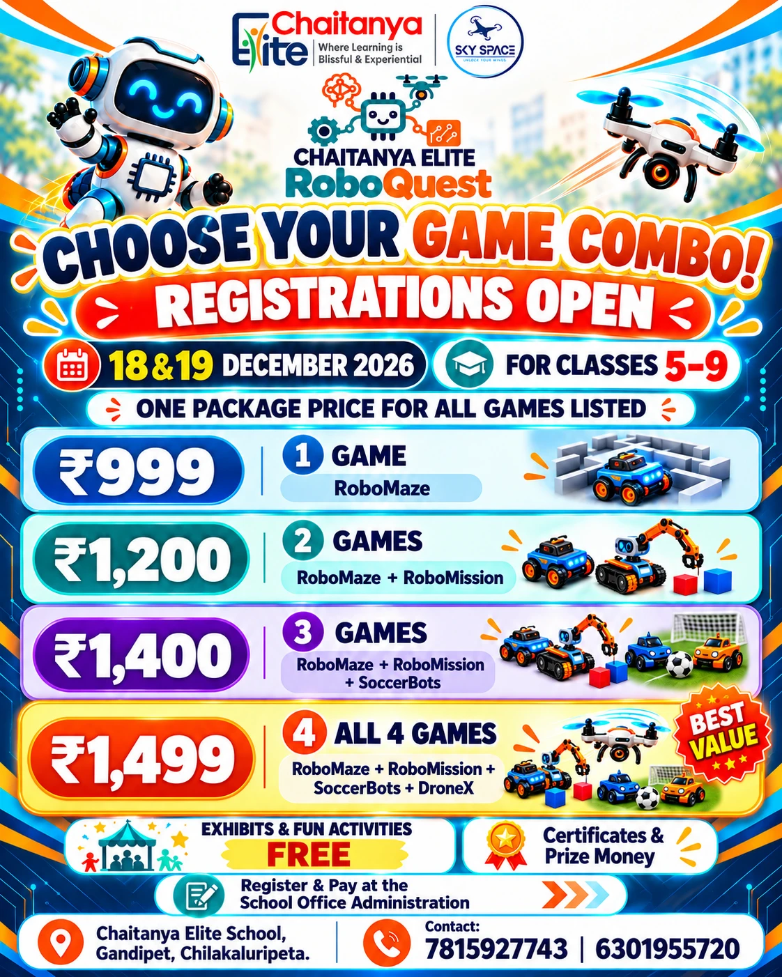 ROBOQUEST 2026 festival poster with technology domains, dates, venue and organizers